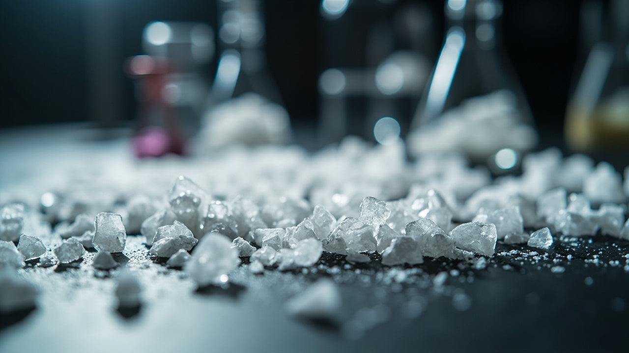 Primo piano di cristalli bianchi di CBD sparsi su una superficie scura, con strumenti da laboratorio sfocati sullo sfondo.