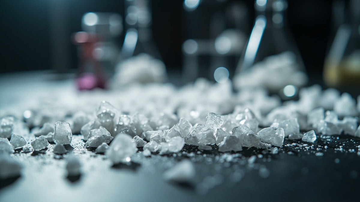 Primo piano di cristalli bianchi di CBD sparsi su una superficie scura, con strumenti da laboratorio sfocati sullo sfondo.