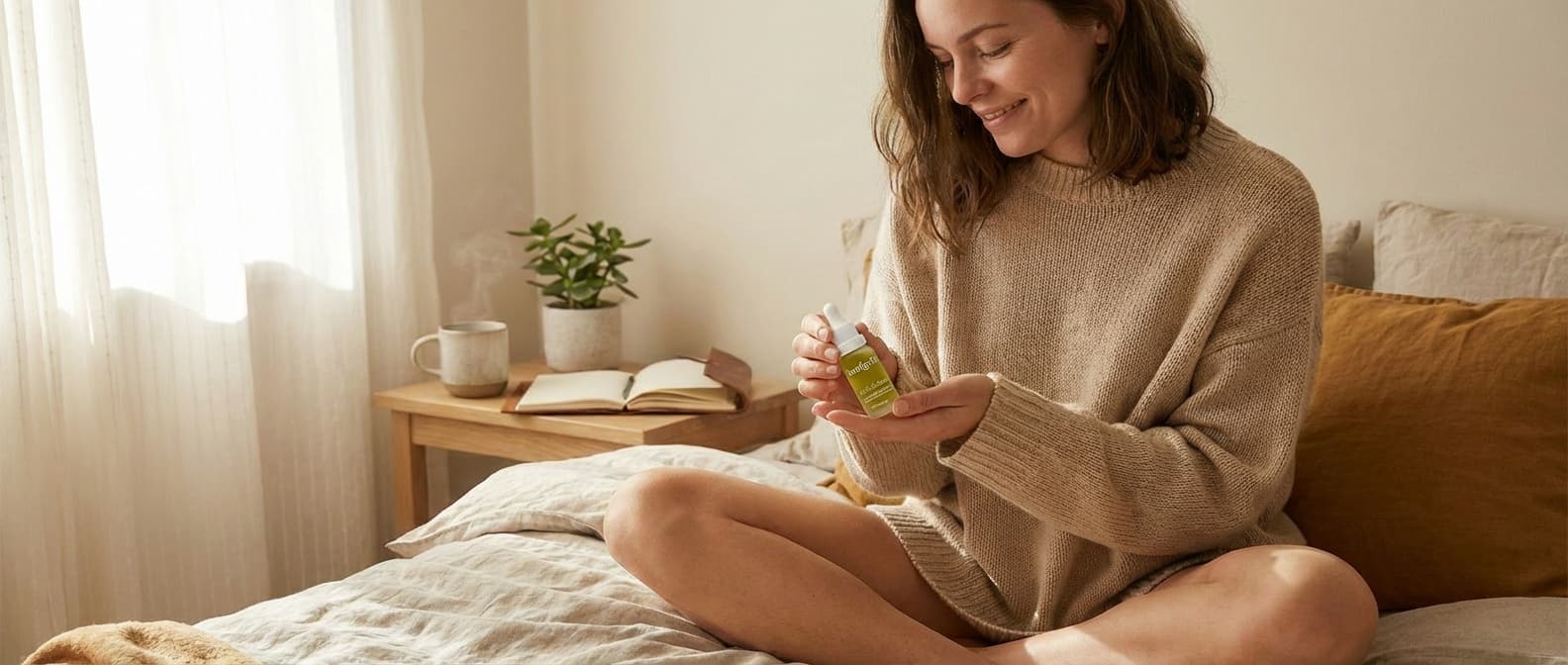 Donna seduta sul letto che tiene in mano una boccetta di olio al CBD come parte di una routine serale rilassante durante la sindrome premestruale