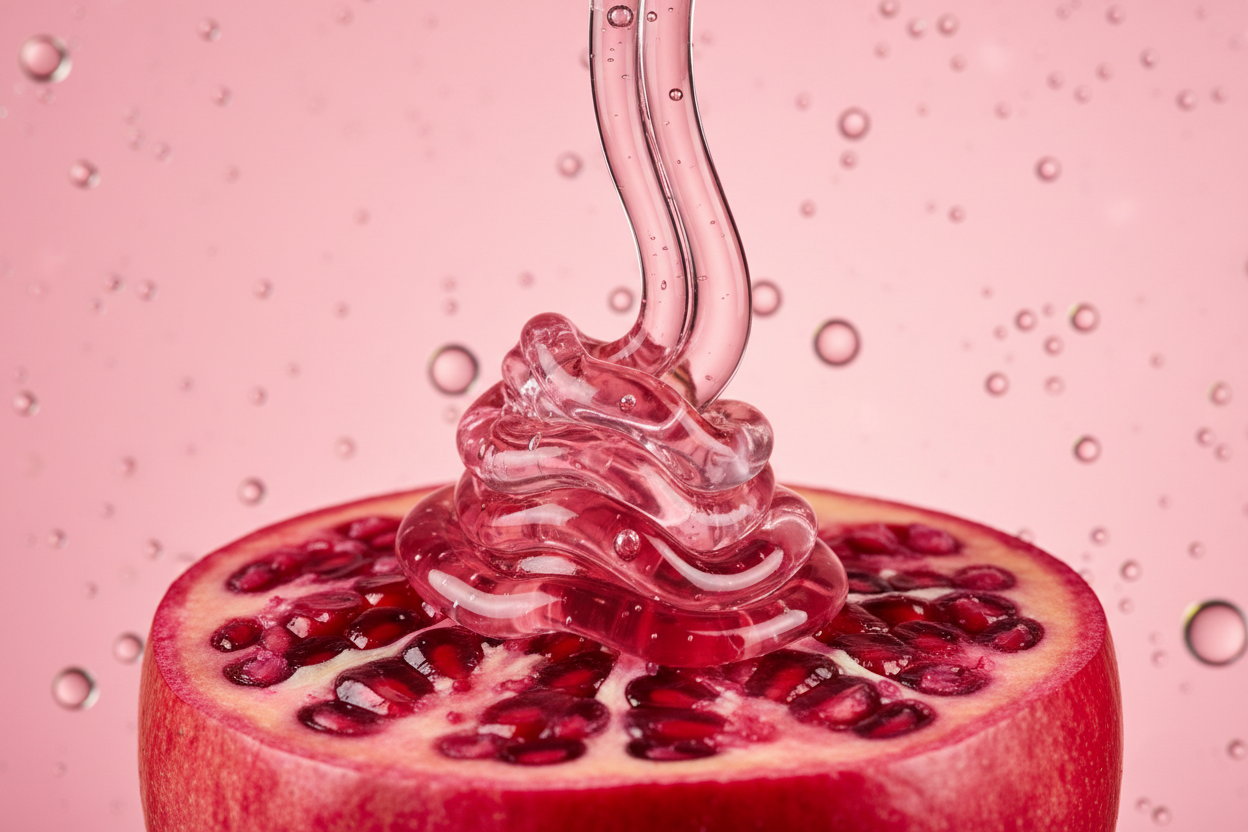 gel fließt in granatapfel (nur gelflüssigkeit sichtbar), pinker hintergrund öltropfen ästehteisch realistisch