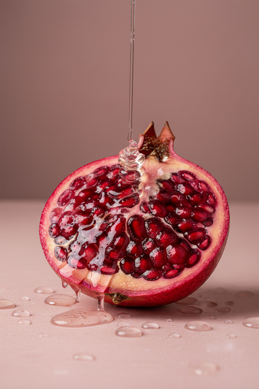 gelflüssigkeit tröpfelt auf granatapfel, der liegt auf einem pinken tisch/ hintergrund daneben öltropfen, ästethisch realisitsch erotisch seriös hochformat