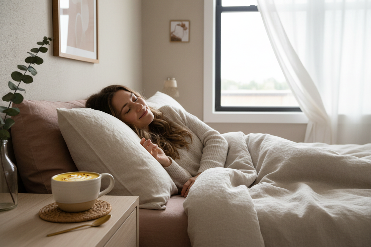 golden latte next to the bed with a woman astethisch calm 
