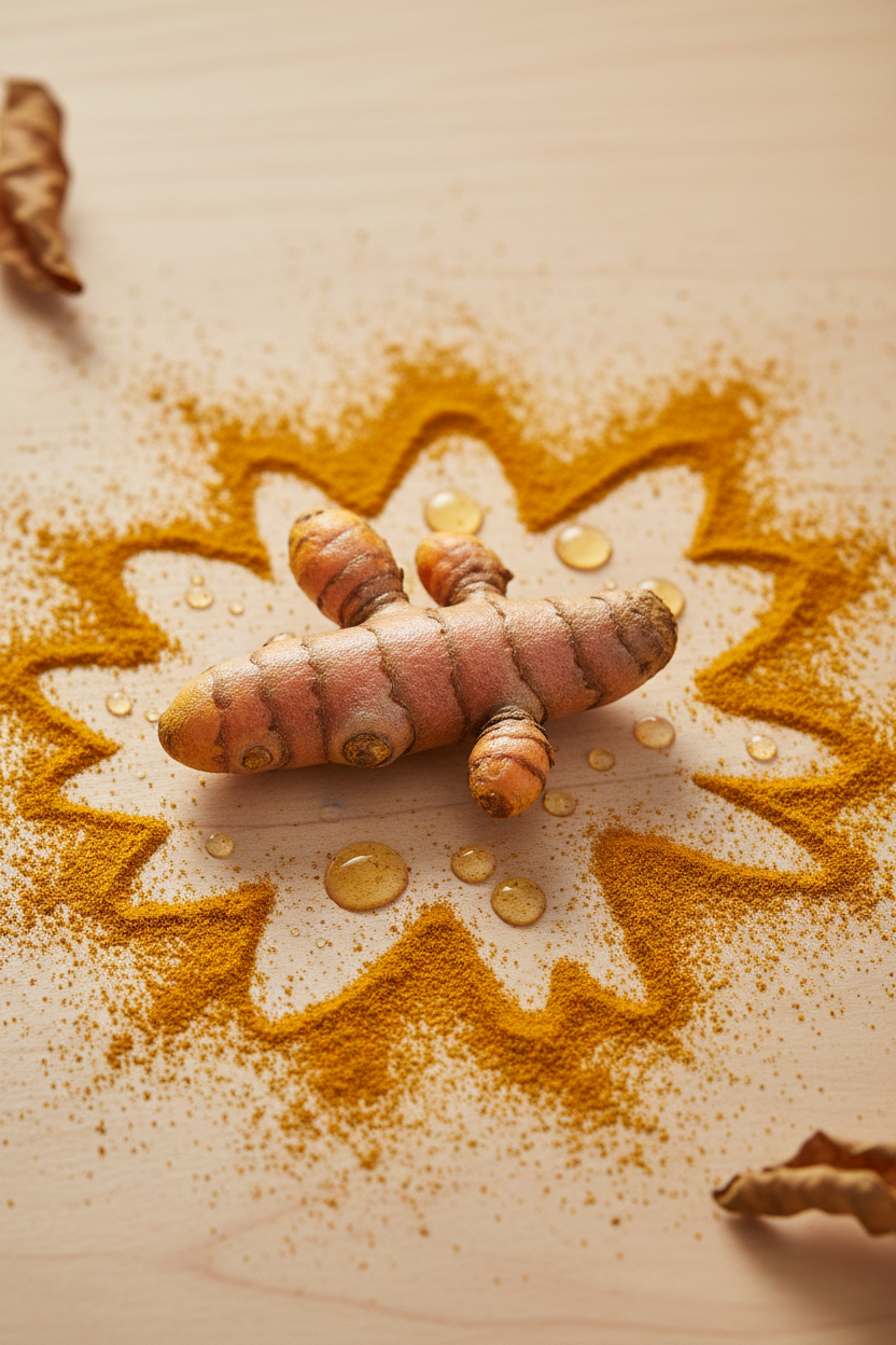 Kurkumawurzel auf kurkumapulver und öltropfen drumherum hochformat