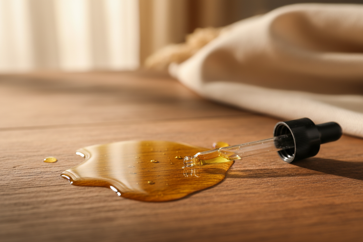 öltropfen auf tisch, pipette mit schwarzen pfropf daneben helle und warme farben