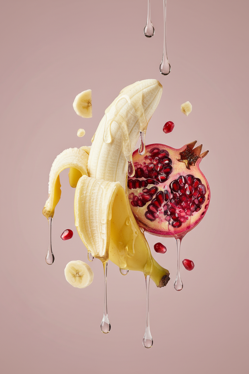 pink backgorund pealed open banana granatapfel, gel was draufdröpfelt, erotisch, ästethisch, seriös hochformat