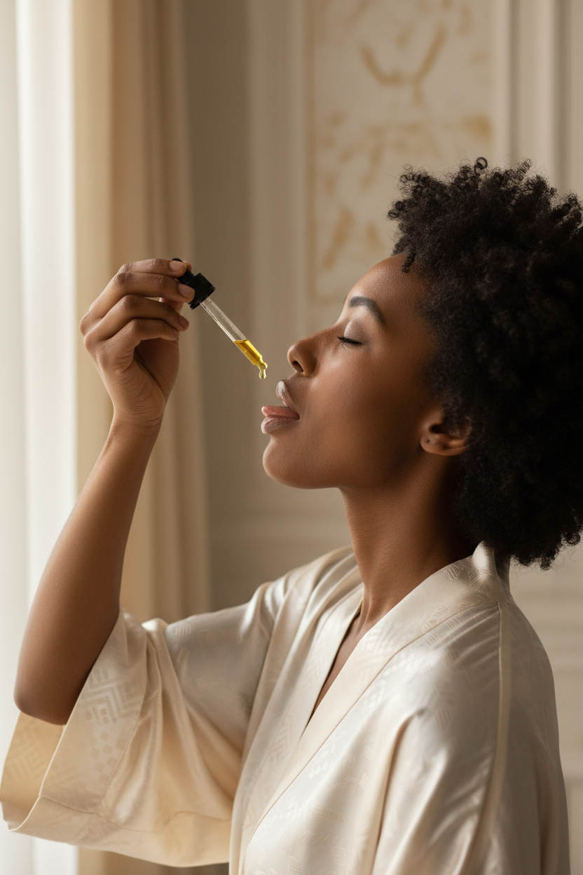 schwarze person nimmt mit pipette (schwarzer pfropfen) öltropfen ein, seitenprofil ästethischer hintergrund, beige warme helle farben, seriös hochformat